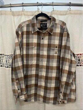 Carhartt Men's Loose Fit Plaid Cotton Button-Up Shirt Brown Gray White 2XL